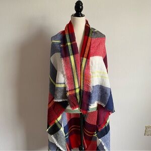 ZARA Blanket Scarf Oversized Red/Blue/Yellow Plaid Wrap Shawl w Fringe 57" sq